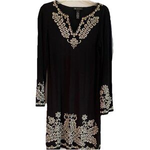 INC INTERNATIONAL CONCEPTS Black V-Neck Long Sleeve Boho Knee Length Dress Sz M